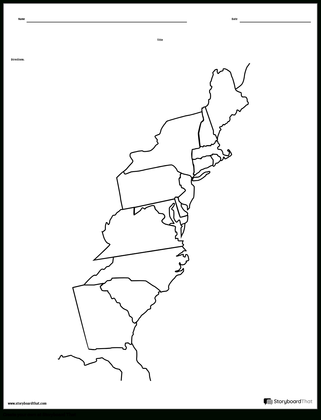 13 Colonies Map Black And White Blank Storyboard within Blank Map of the 13 Colonies Printable