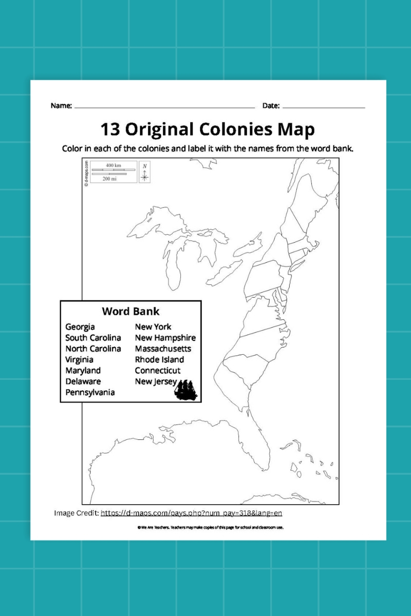 13 Original Colonies Map Bundle (Free Printable Worksheets) with regard to Blank Map Of The 13 Colonies Printable