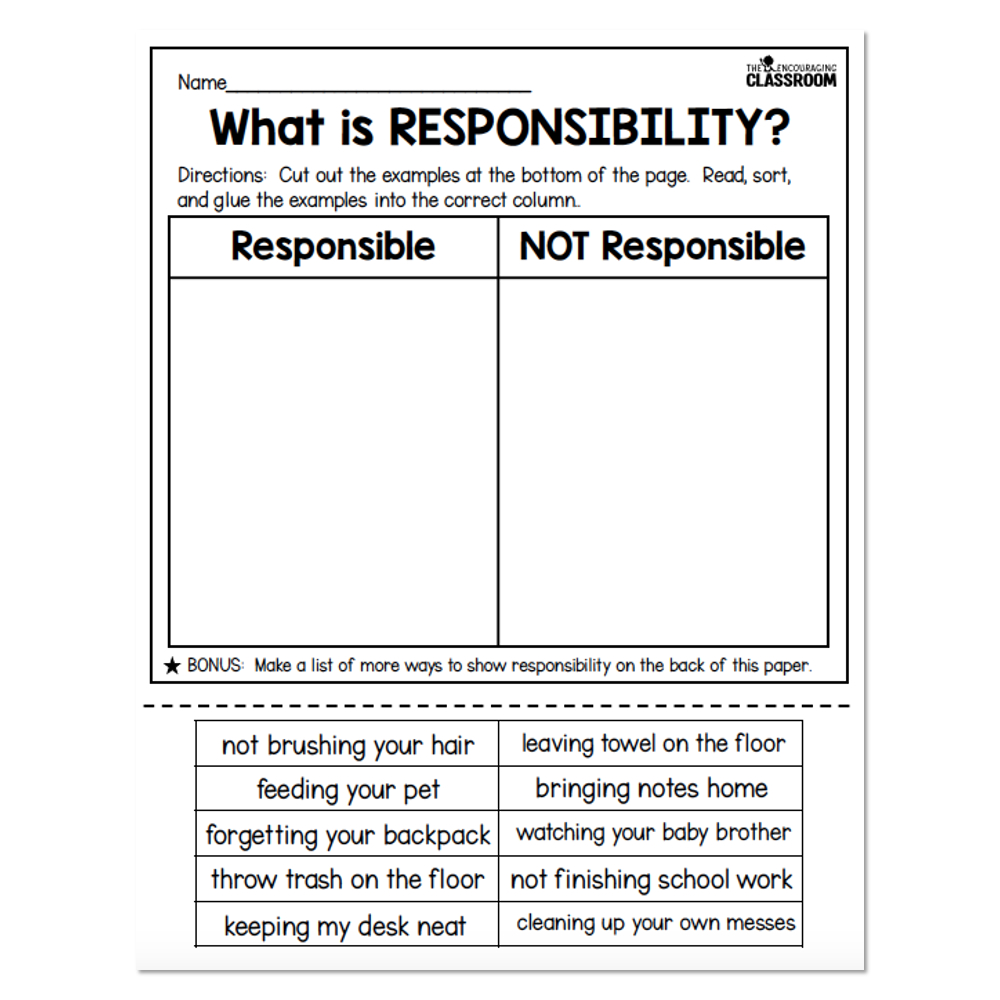 1St And 2Nd Grade - Social Emotional Learning - Responsibility with Free Printable Responsibility Worksheets
