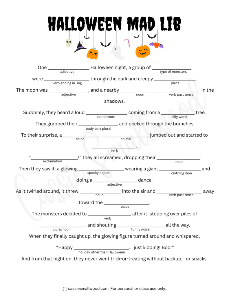 5 Fun Halloween Mad Libs (Free Printable) - Cassie Smallwood within Mad Libs Printable Free Funny