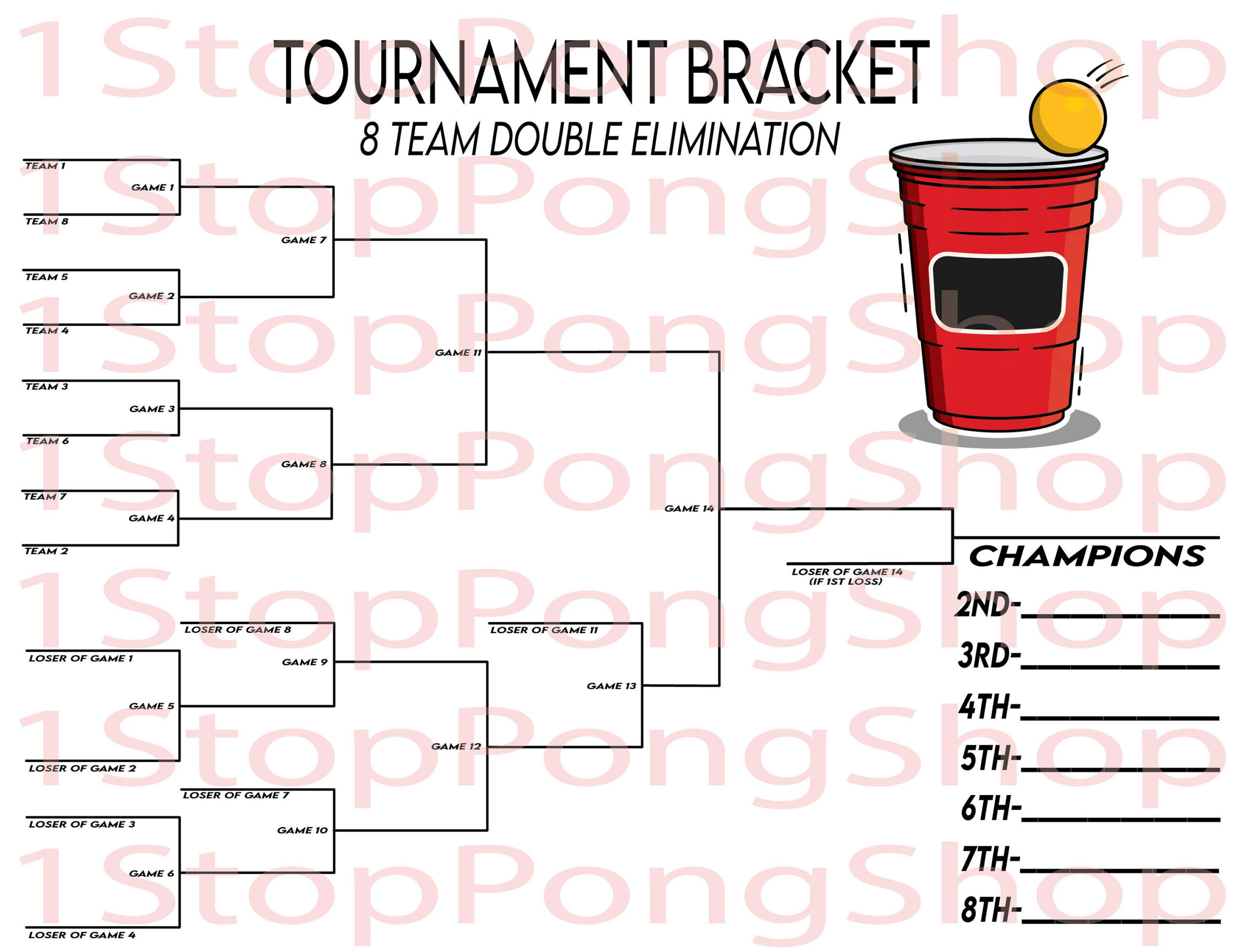 8 Team Double Elimination Beer Pong Tournament Bracket, Instant intended for 8 Team Double Elimination Bracket Printable