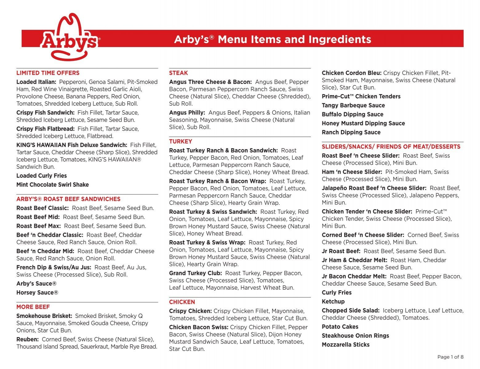 Arby'S Menu Items And Ingredients throughout Printable Arby's Menu with Pictures and Prices