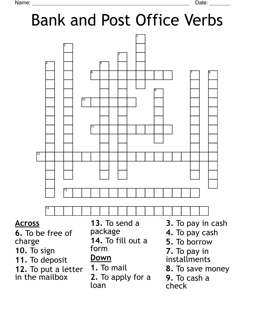 Bank And Post Office Verbs Crossword - Wordmint intended for Crossword with Word Bank Printable