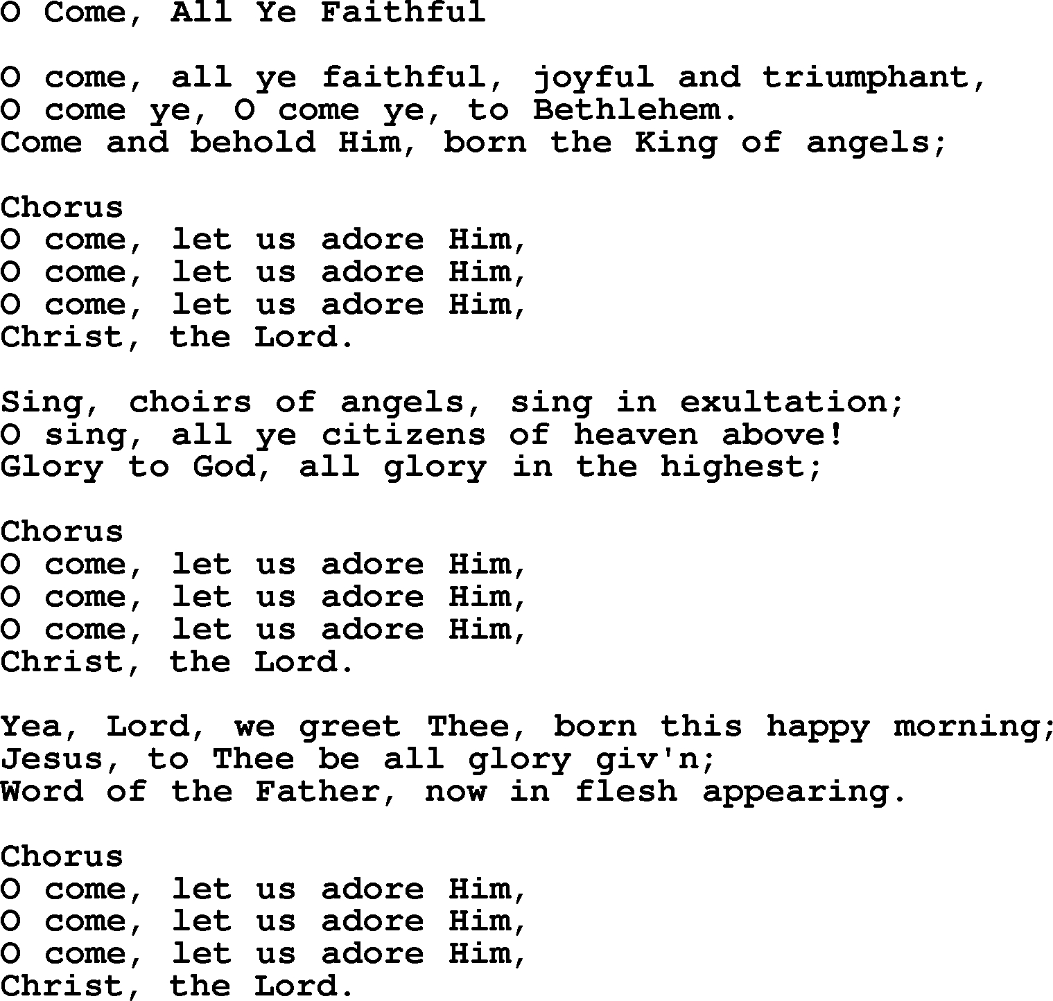 Baptist Hymnal, Christian Song: O Come, All Ye Faithful- Lyrics for Printable Lyrics To O Come All Ye Faithful