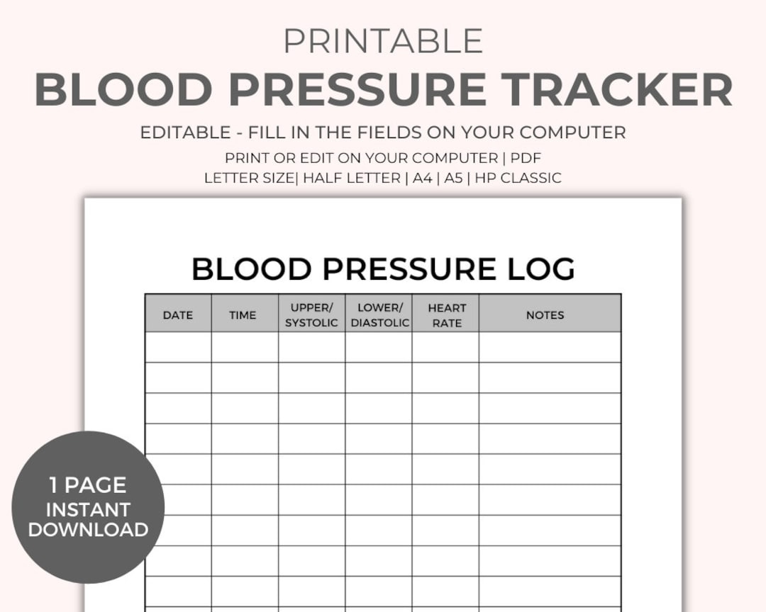 Blood Pressure Chart Printable - Instant Download, Medical Tracker regarding Free Printable Blood Pressure Charts