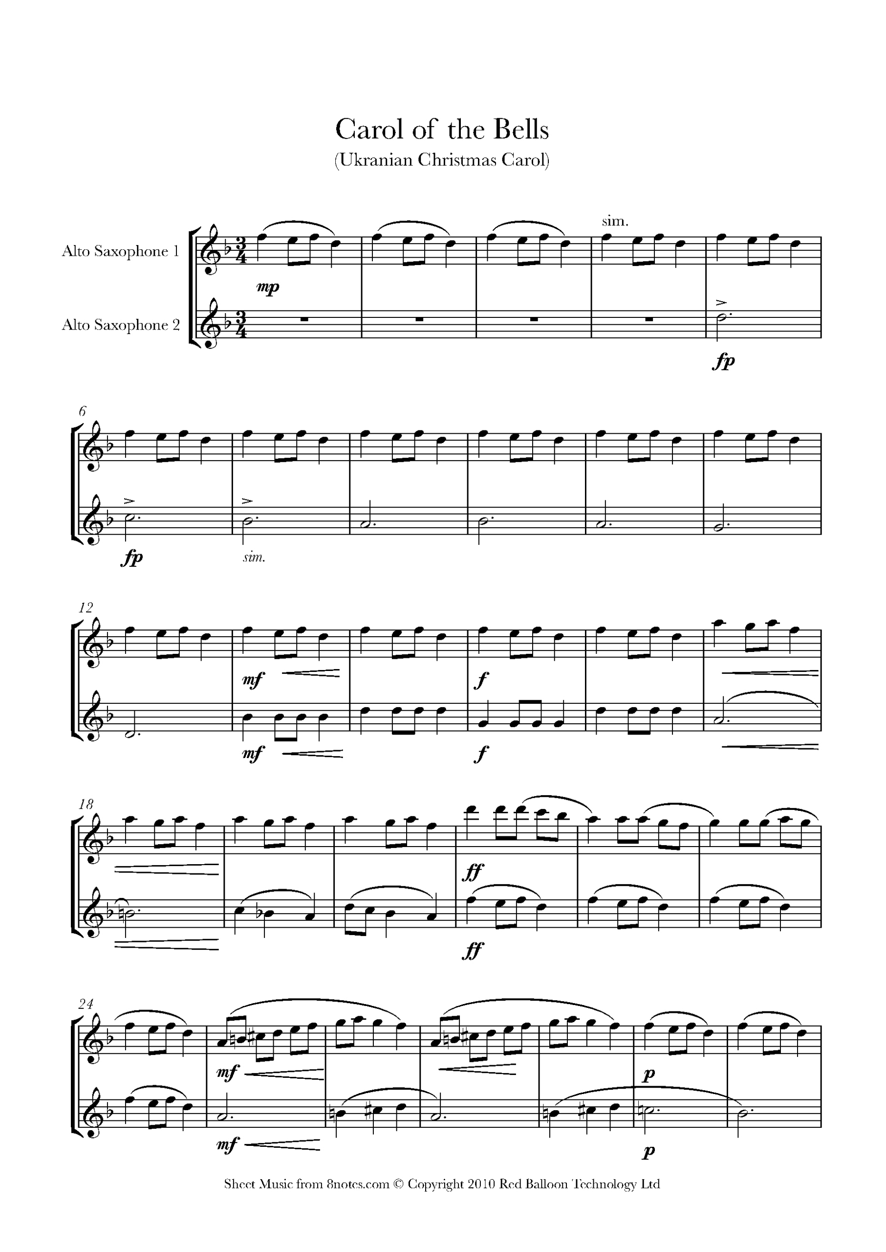 Carol Of The Bells For Alto Saxophone Duet - Free Sheet Music For for Free Printable Alto Saxophone Sheet Music