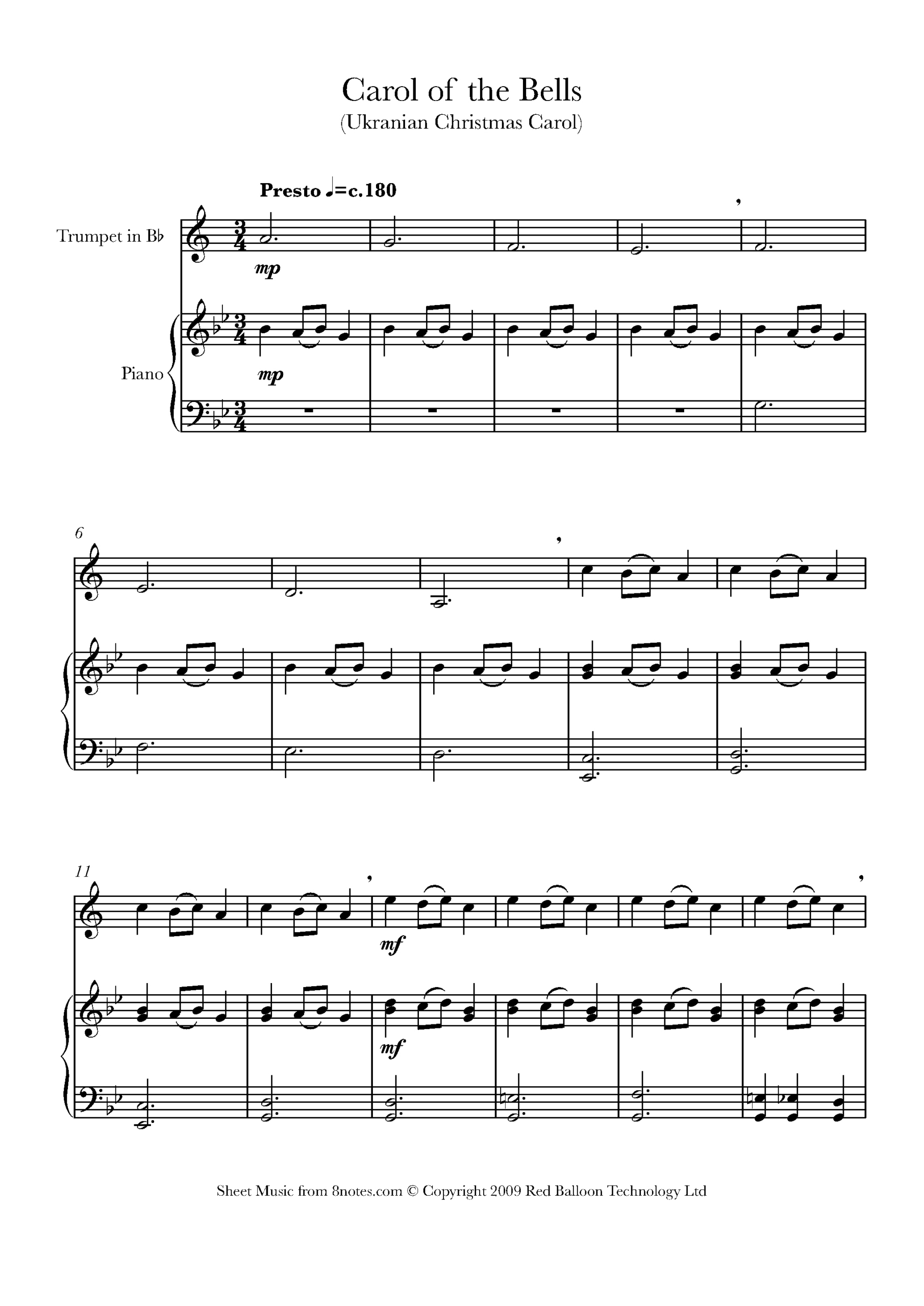 Carol Of The Bells For Trumpet - Free Sheet Music For Trumpet throughout Printable Carol Of The Bells Lyrics