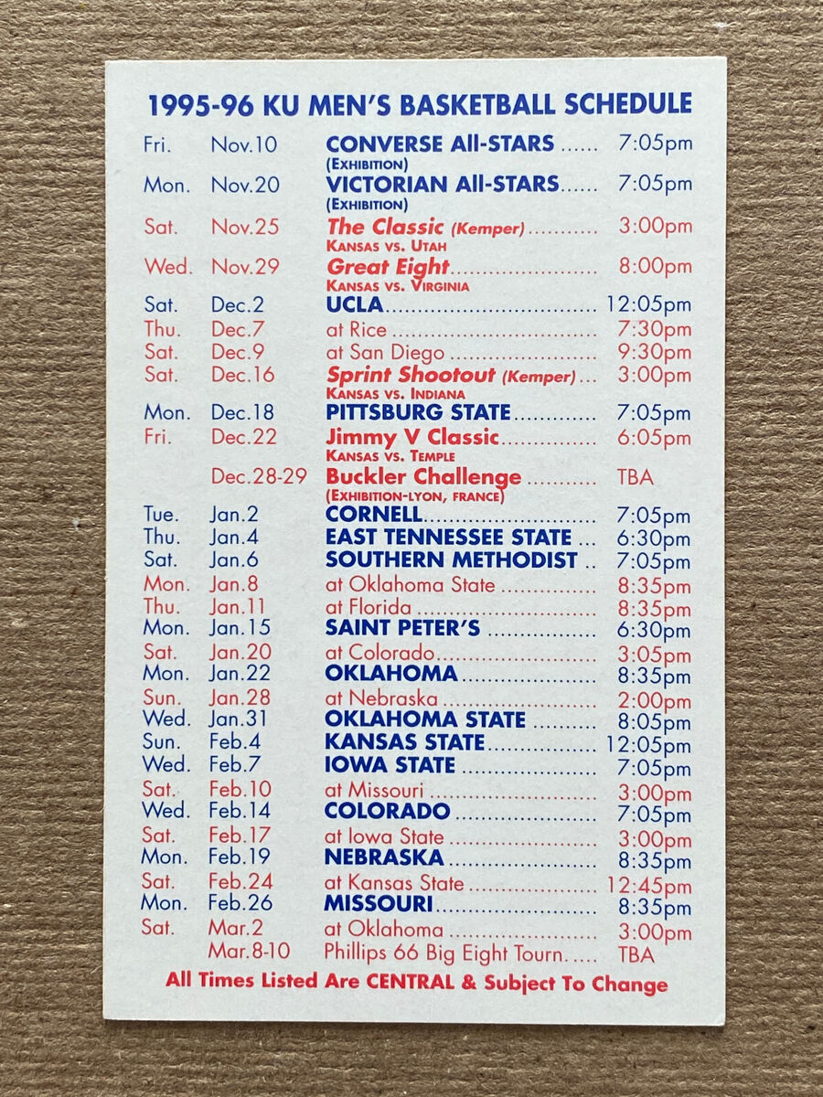 Cbk 1995-96 Kansas Jayhawks Basketball Schedule College University inside Kansas Jayhawks Basketball Schedule Printable