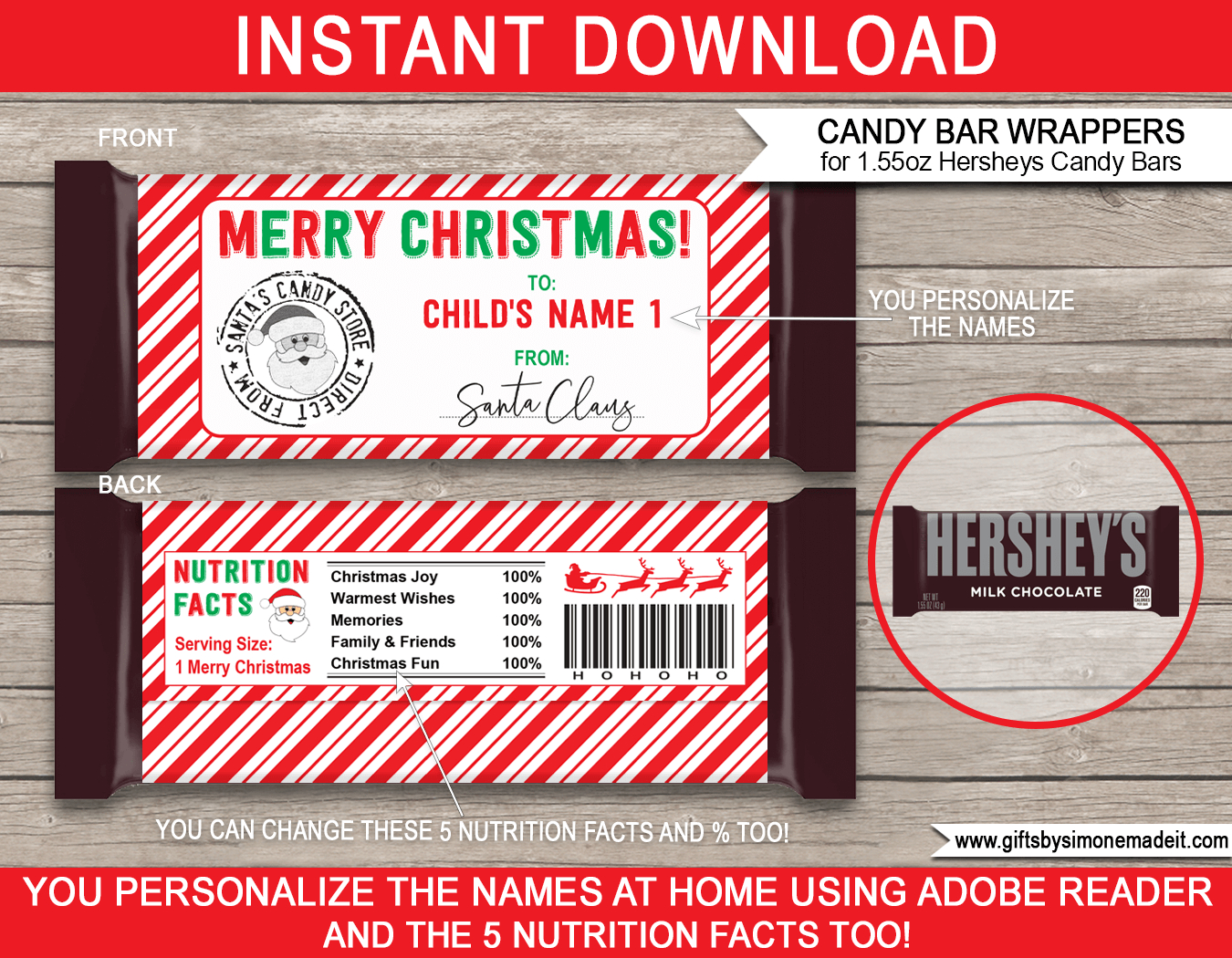 Christmas Candy Bar Wrappers From Santa (1.55Oz Hersheys) - Red & Green with Candy Bar Wrappers Christmas Free Printable