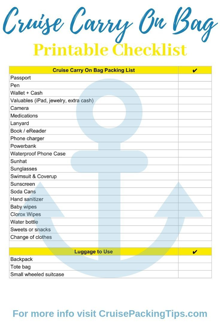 Cruise Carry On Checklist Printable | Carnival Cruise Tips, Cruise intended for Carnival Cruise Packing List Printable