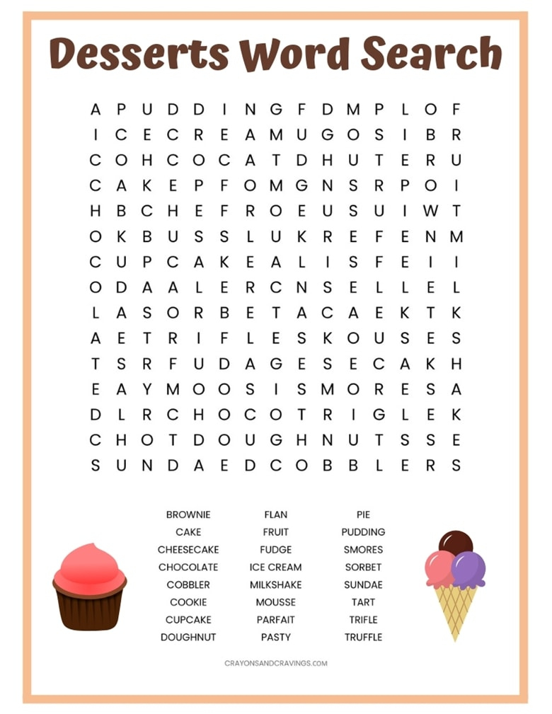 Desserts Word Search - Free Printable Worksheet within Free Word Search Printable For Kids