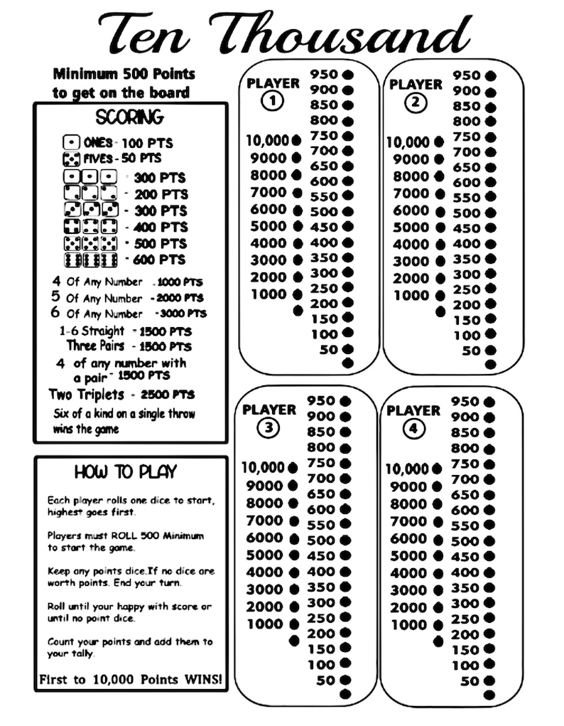 Dice Game 10000 within 10 000 Dice Game Rules Printable