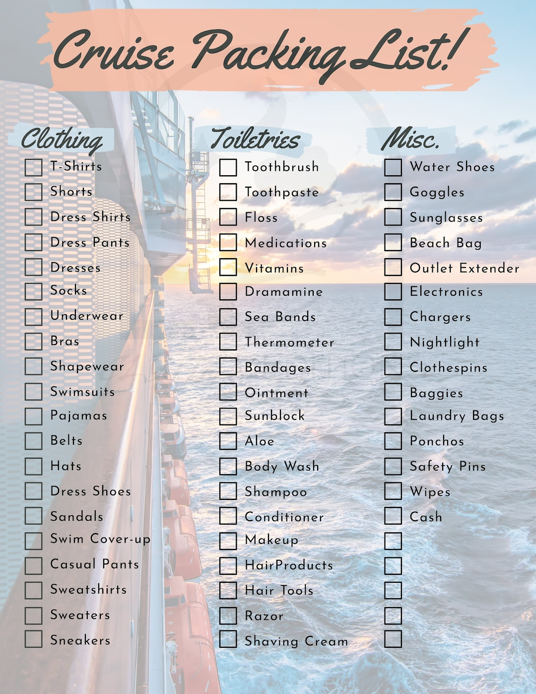 Digital Download | Cruise Packing List | Printable Pdf | Letter intended for Carnival Cruise Packing List Printable
