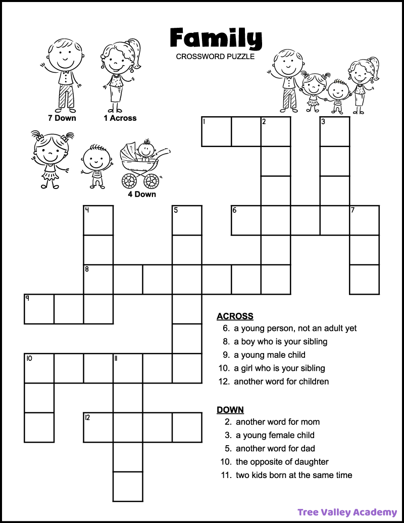 Easy Family Crossword Puzzle - Tree Valley Academy with regard to Easy Crossword Puzzles Printable For Adults