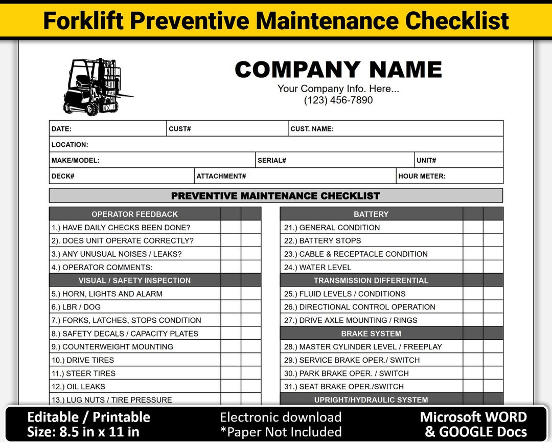 Electric Forklift Preventive Maintenance Checklist, Printable in Printable Osha Daily Forklift Inspection Checklist