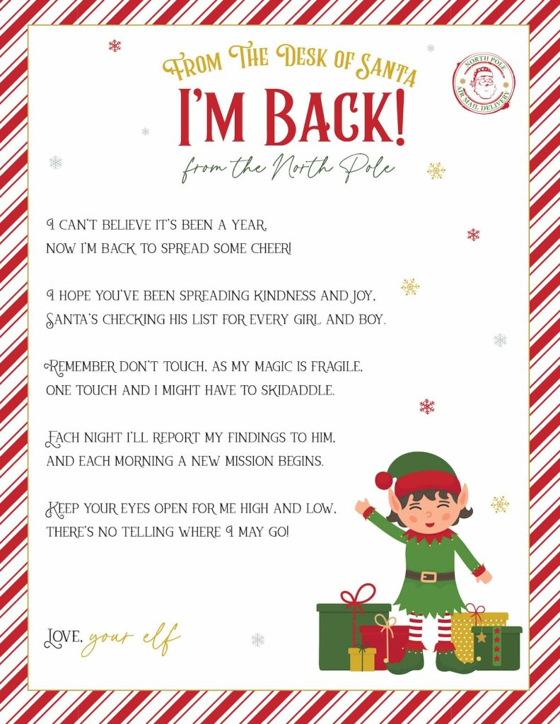 Elf On The Shelf Arrival And Goodbye Letters, Free Printable Set with I'M Back Elf Letter Printable