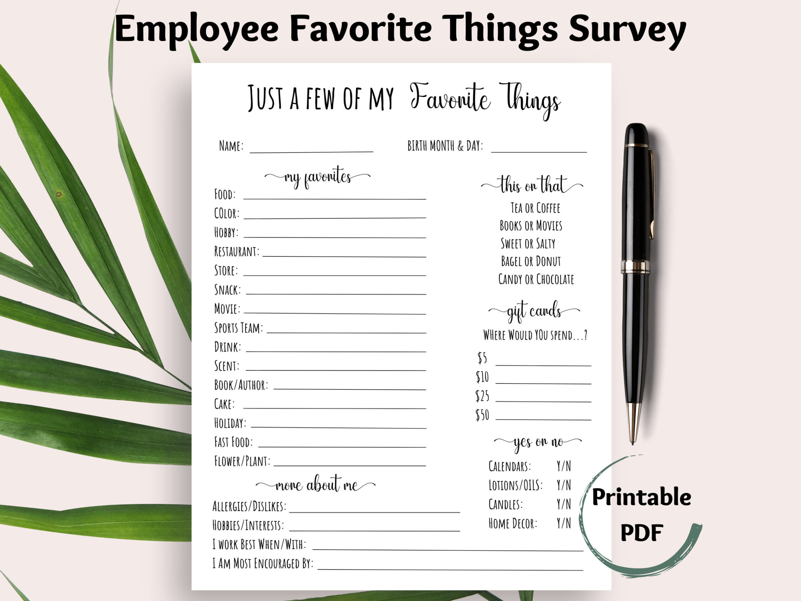 Employee Favorite Things Survey, Coworker Questions Printable, All with Staff Favorites Printable Employee Favorite Things List