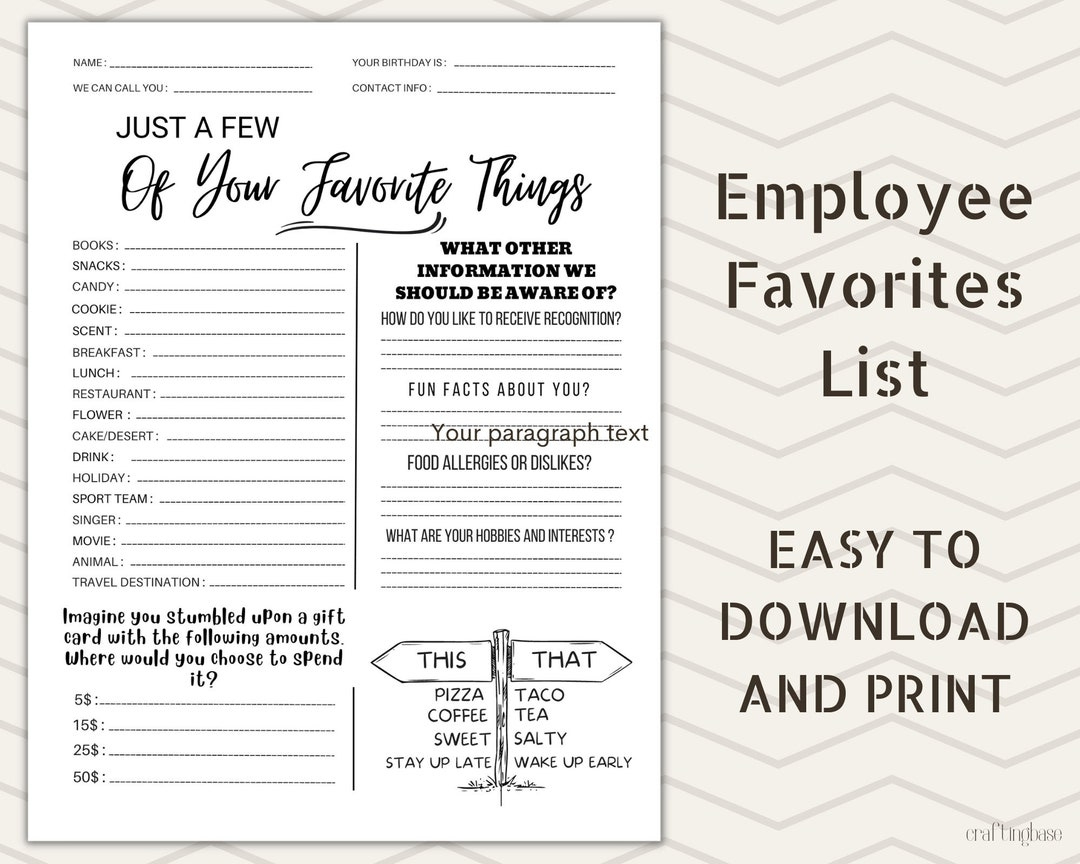 Employee Favorites List, Employee Wishlist, Printable Employee for Staff Favorites Printable Employee Favorite Things List