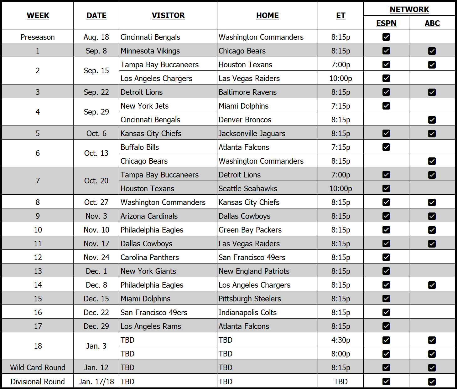Espn&amp;#039;S Monday Night Football Schedule Features Multiple with regard to Monday Night Football Schedule Printable