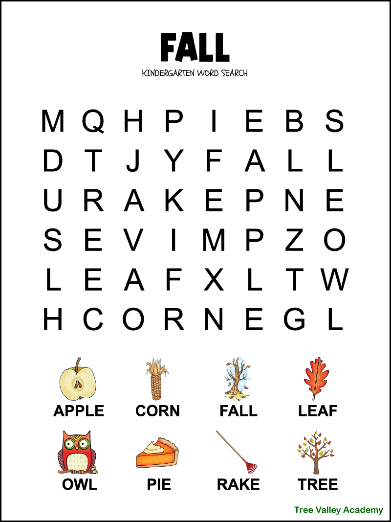 Fall Word Search For Kindergarten - Tree Valley Academy throughout Free Printable Kindergarten Word Search