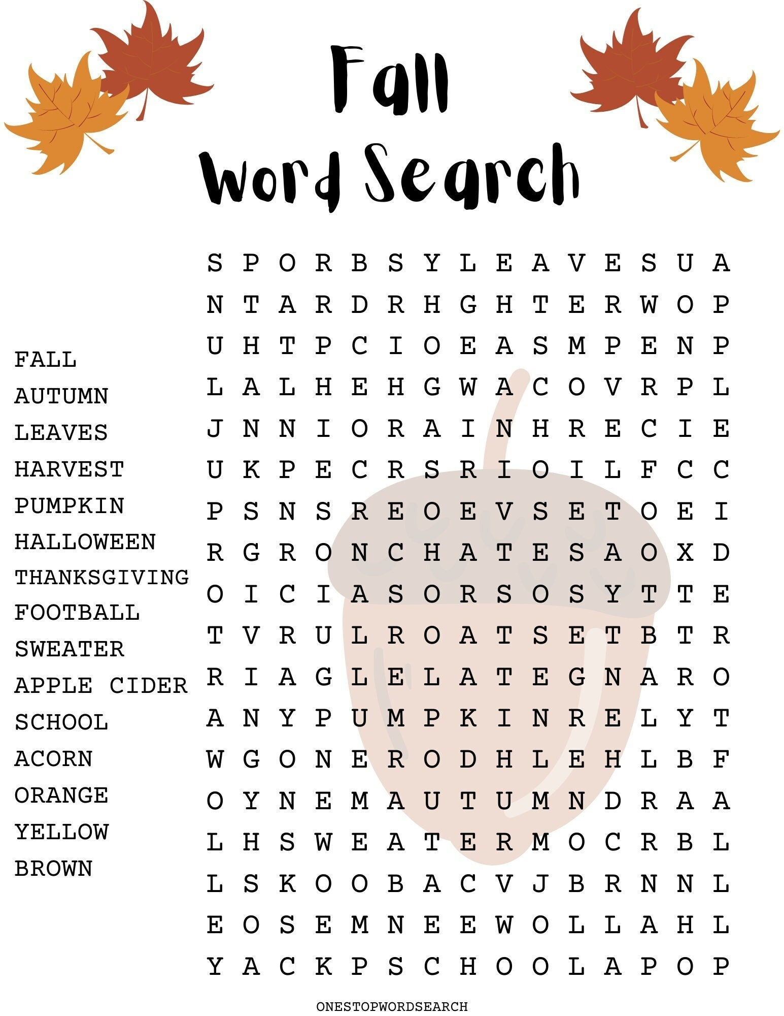 Fall Word Search Puzzle With Answer Sheet| Autumn Word Search for Printable Fall Word Search Puzzles