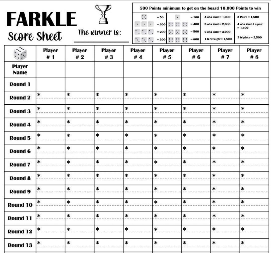 Farkle Score Card Druckbare Datei - Pdf Download 8,5X11 - Etsy.de with regard to Printable Farkle Score Sheet