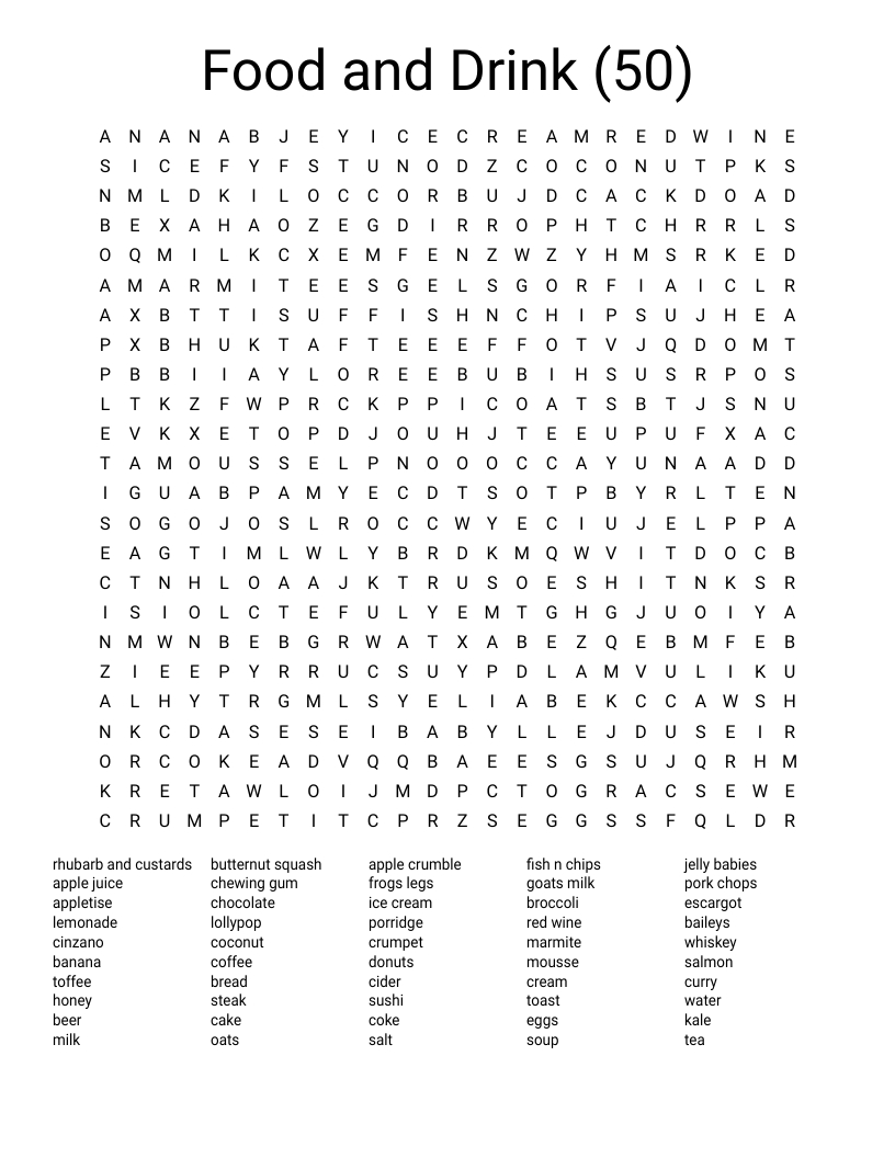 Food And Drink (50) Word Search - Wordmint for Printable Word Search For Adults