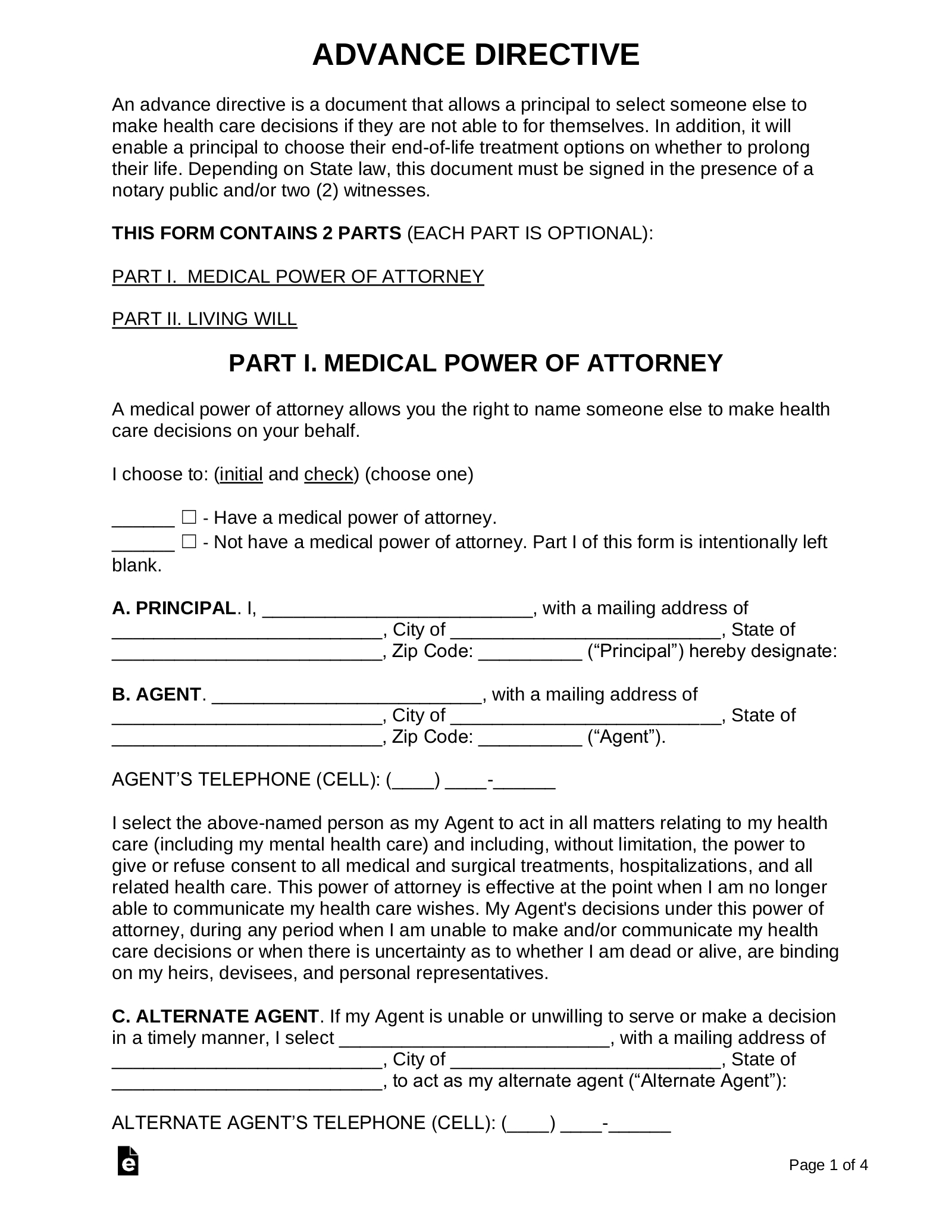 Free Advance Directive Form - Pdf | Word – Eforms throughout Free Printable Advance Directive Form