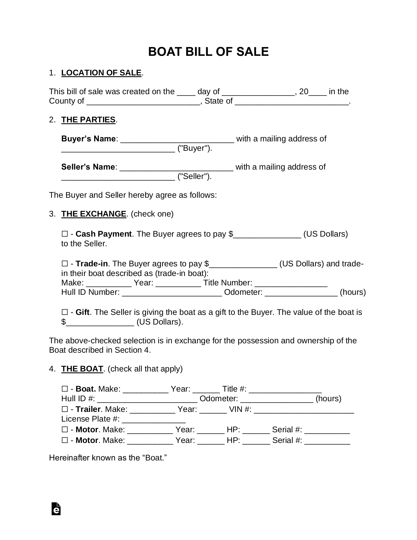 Free Boat Bill Of Sale - Pdf | Word – Eforms pertaining to Printable Boat Bill of Sale