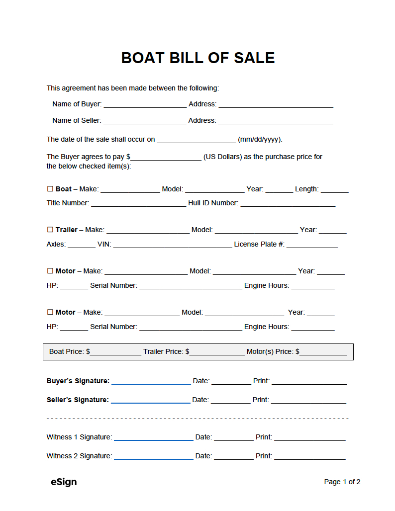 Free Boat (Vessel) Bill Of Sale Template | Pdf | Word pertaining to Printable Boat Bill Of Sale