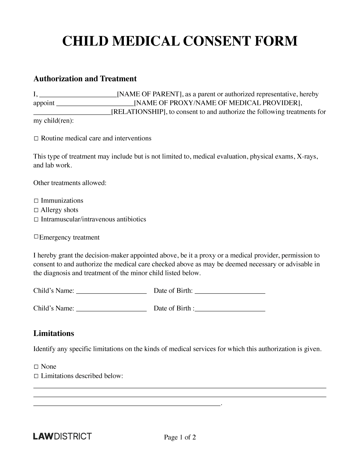 Free Child Medical Consent Form | Online Template | Lawdistrict in Free Printable Child Medical Consent Form For Grandparents