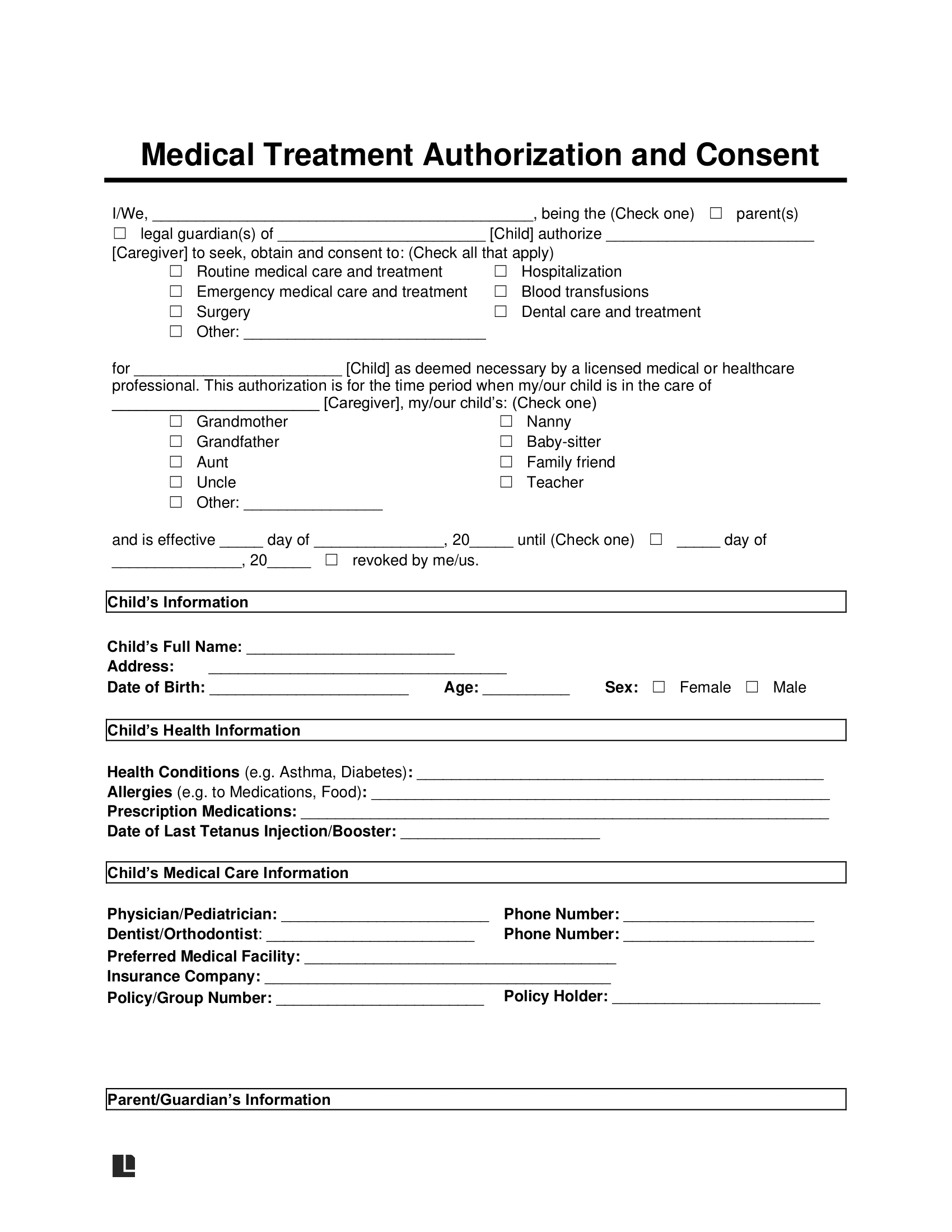 Free Child Medical Consent Form Template | Pdf & Word throughout Free Printable Child Medical Consent Form For Grandparents