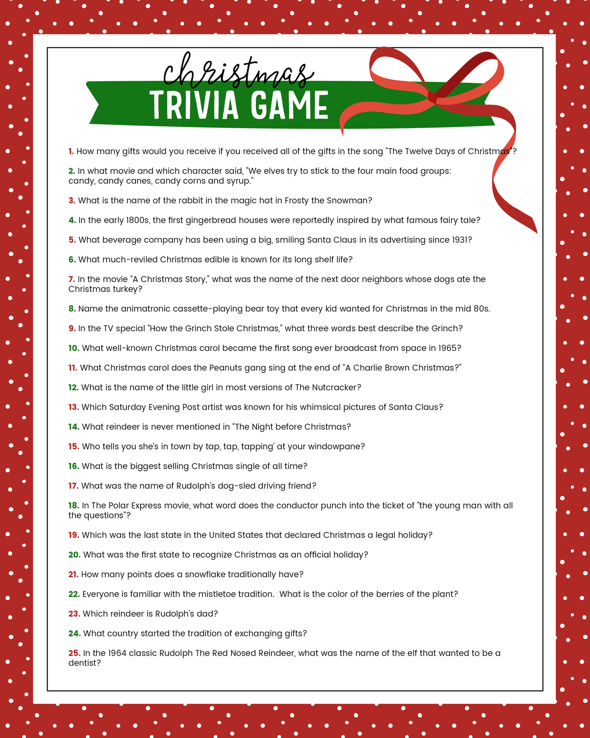 Free Christmas Trivia Printables {Games For The Family!} | Lil' Luna for Christmas Trivia Printable with Answers