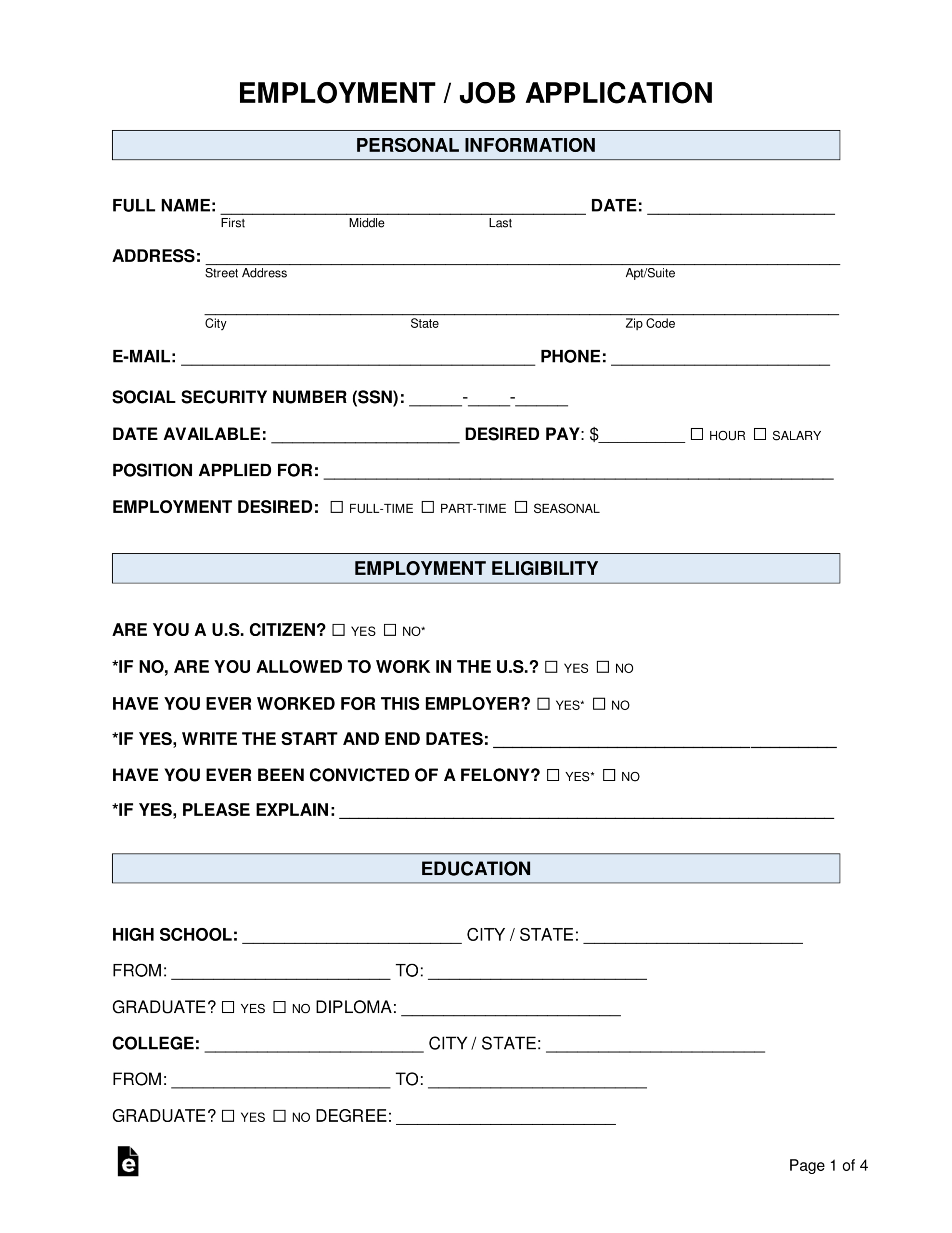 Free Job Application Forms (2) - Pdf | Word – Eforms for Printable Job Applications For Employers
