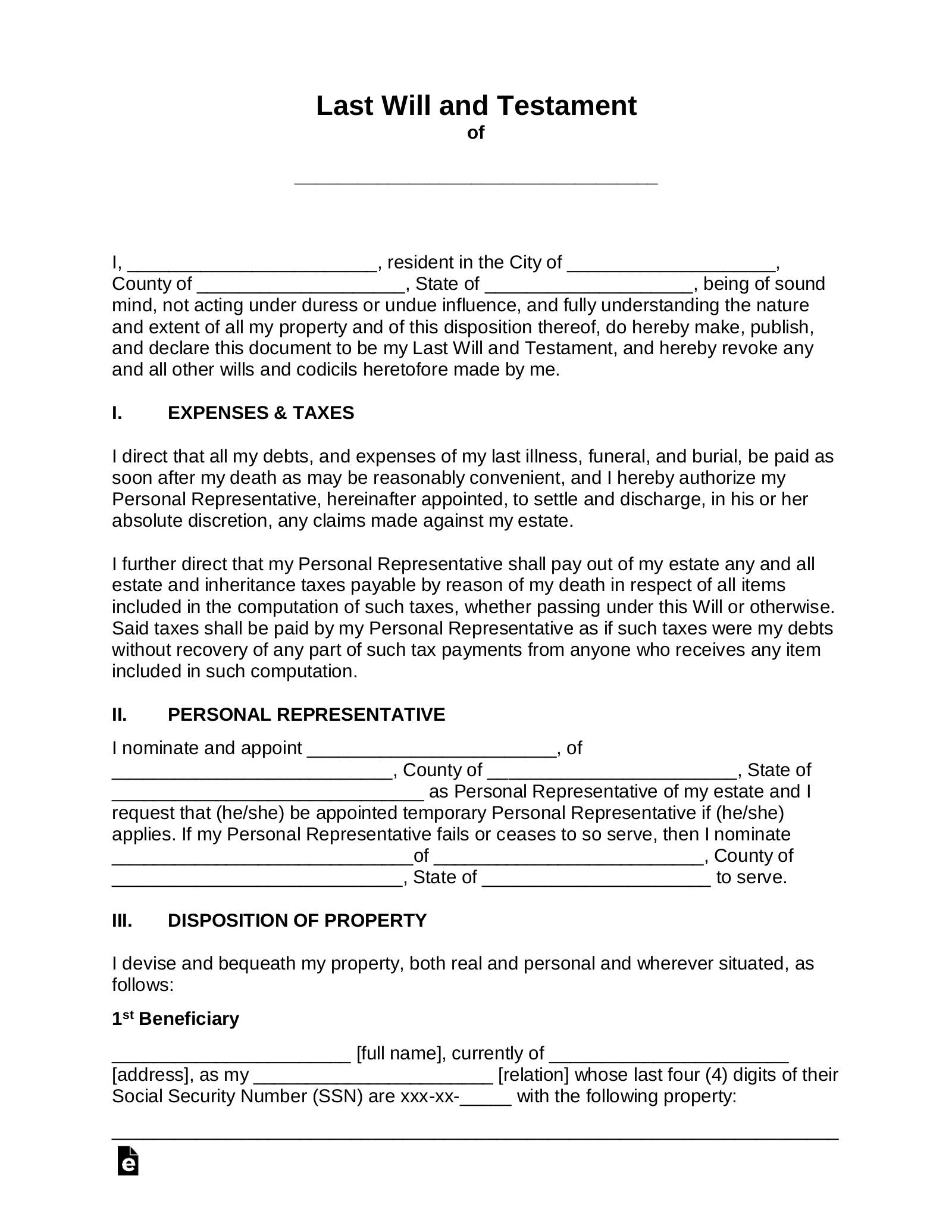 Free Last Will And Testament (Will) - Pdf | Word – Eforms throughout Free Printable Last Will and Testament Blank Forms