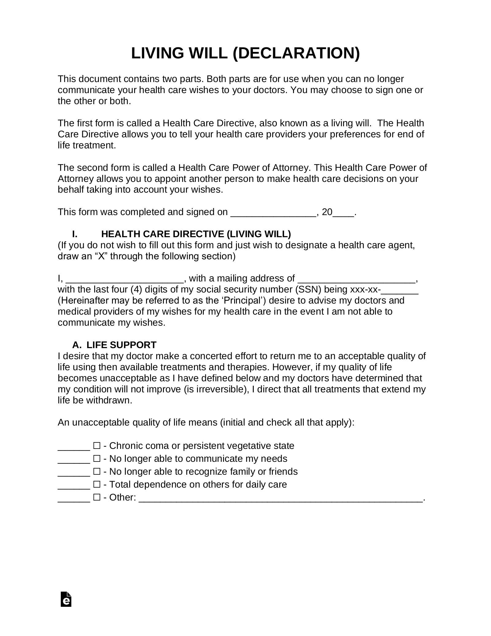 Free Living Will Form (Health Care Directive) - Pdf | Word – Eforms within Free Printable Advance Directive Form