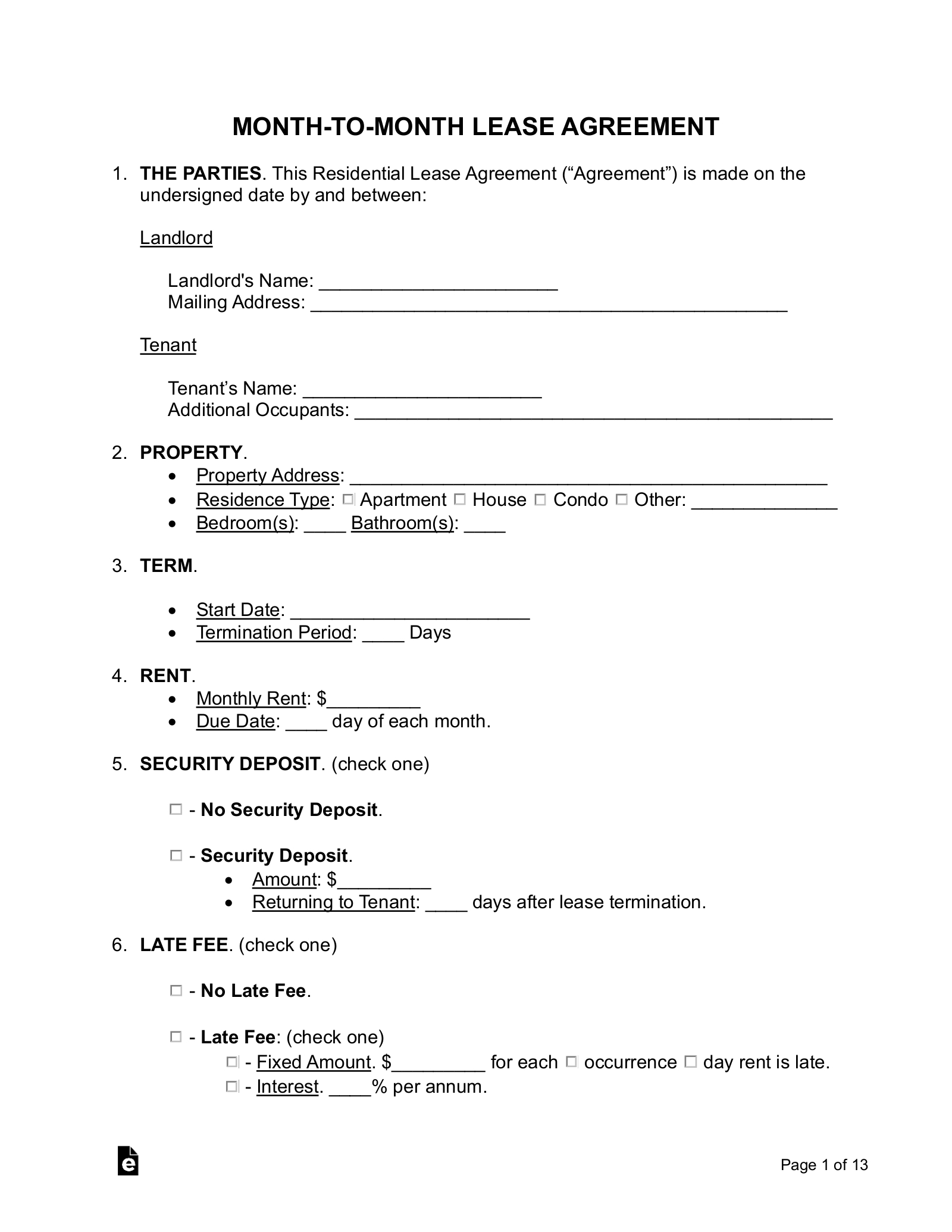 Free Month-To-Month Lease Agreement Template - Pdf | Word – Eforms with Pdf Printable Basic Rental Agreement Fillable