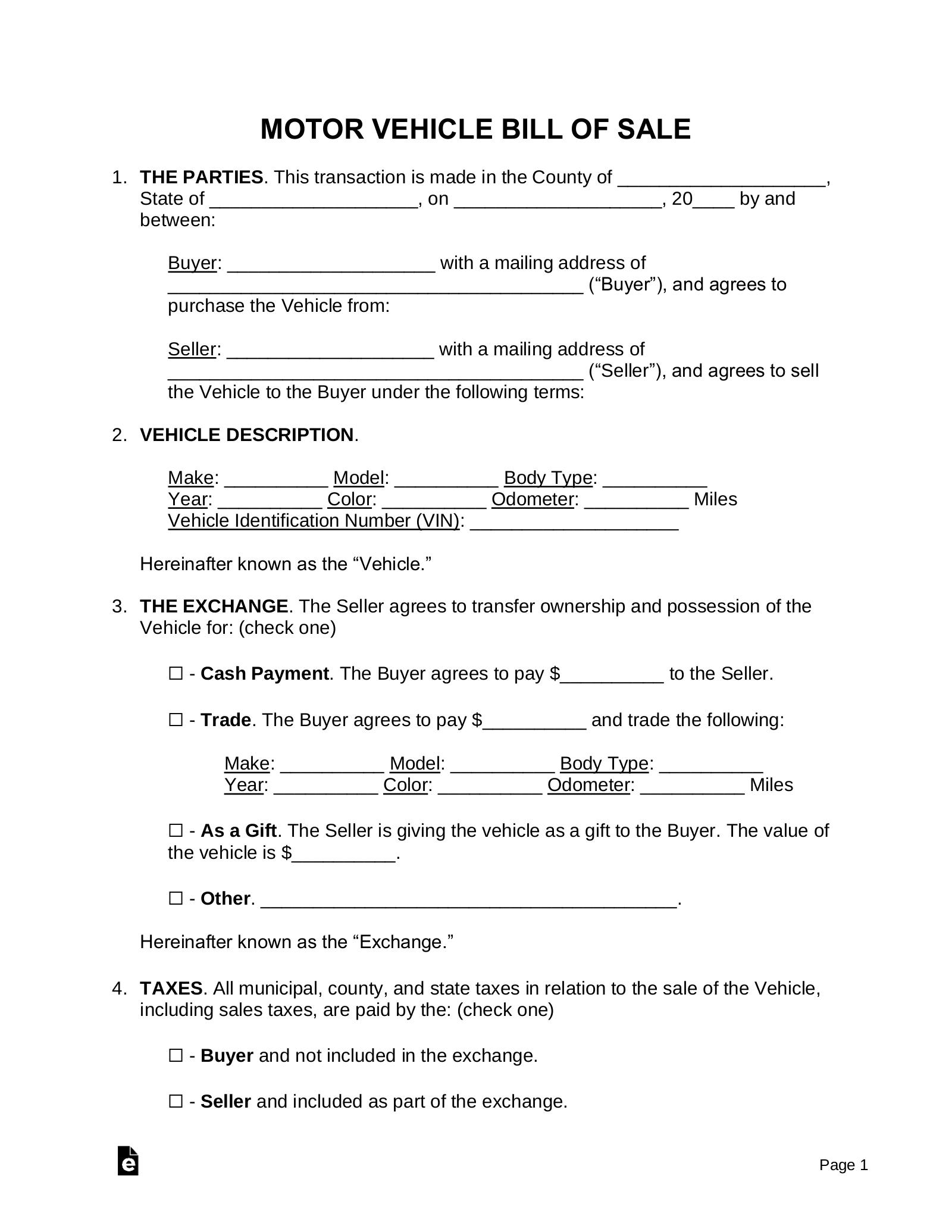Free Motor Vehicle (Dmv) Bill Of Sale Form - Pdf | Word – Eforms with Automobile Printable Bill Of Sale