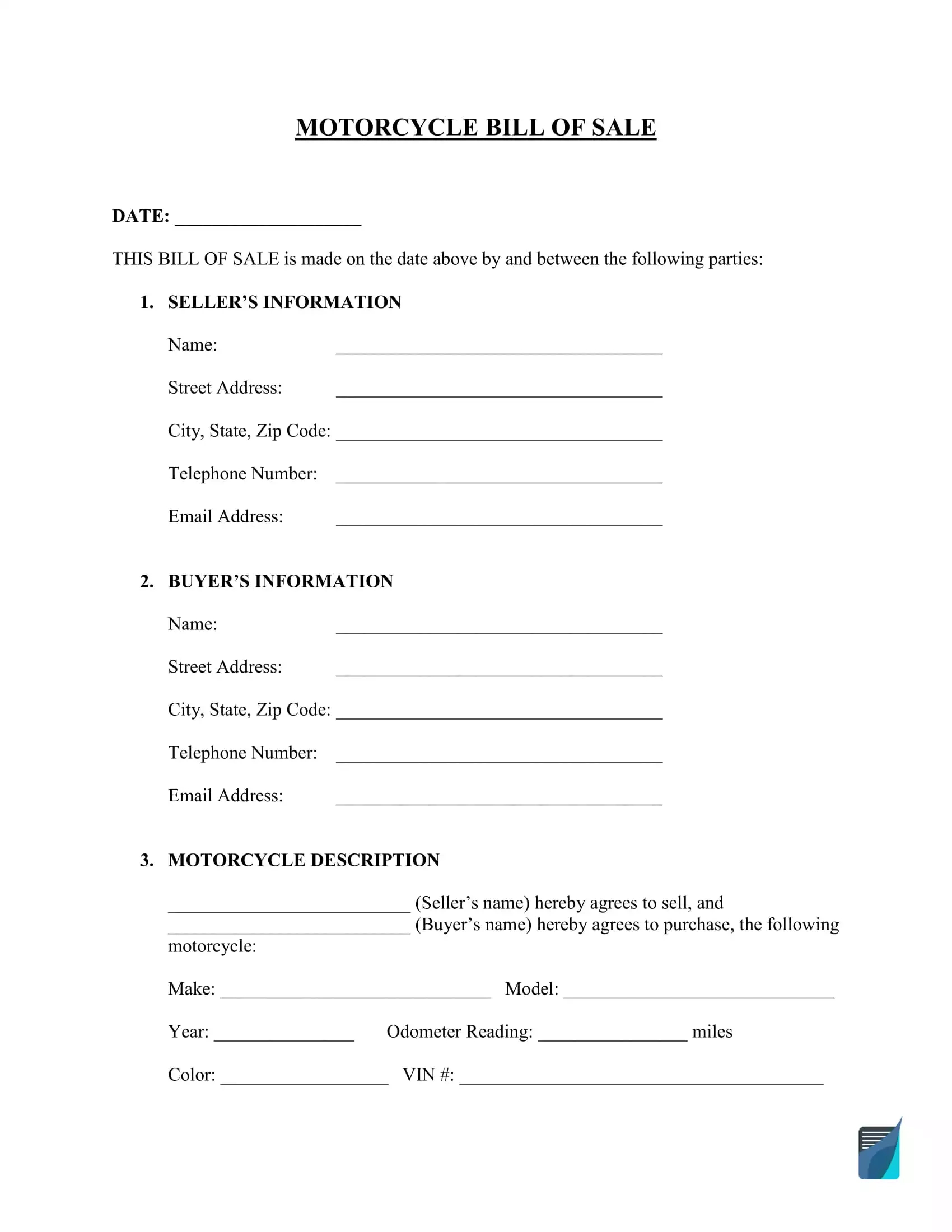 Free Motorcycle Bill Of Sale Form (Pdf Template) | Formspal within Printable Bill Of Sale For Motorcycle