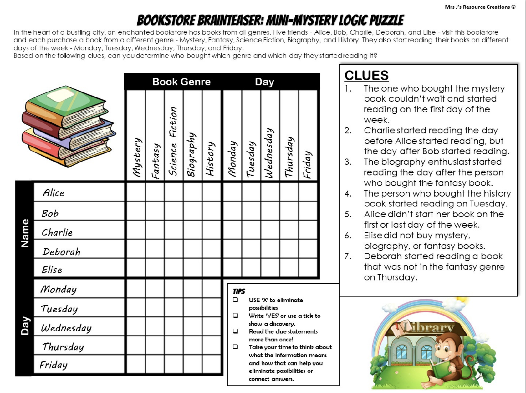 Free Mystery Logic Puzzle For Book Week - Top-Rated Teaching intended for Free Logic Grid Puzzles Printable