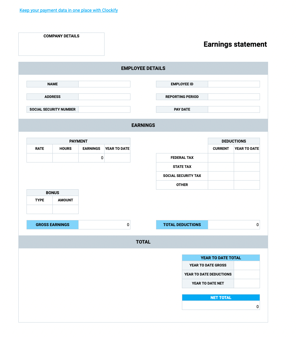 Free Pay Stub Templates — Clockify with Free Pay Stub Generator Printable
