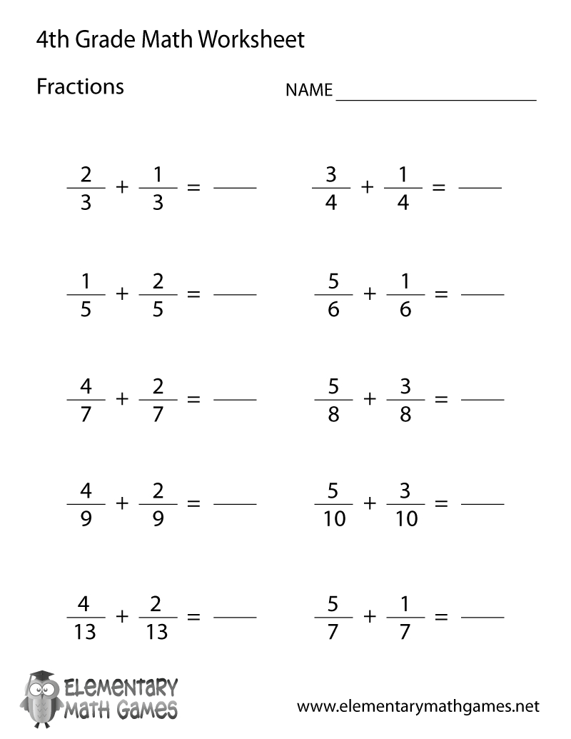 Free Printable Learning Fractions Worksheet For Fourth Grade within Printable Worksheets For 4Th Graders