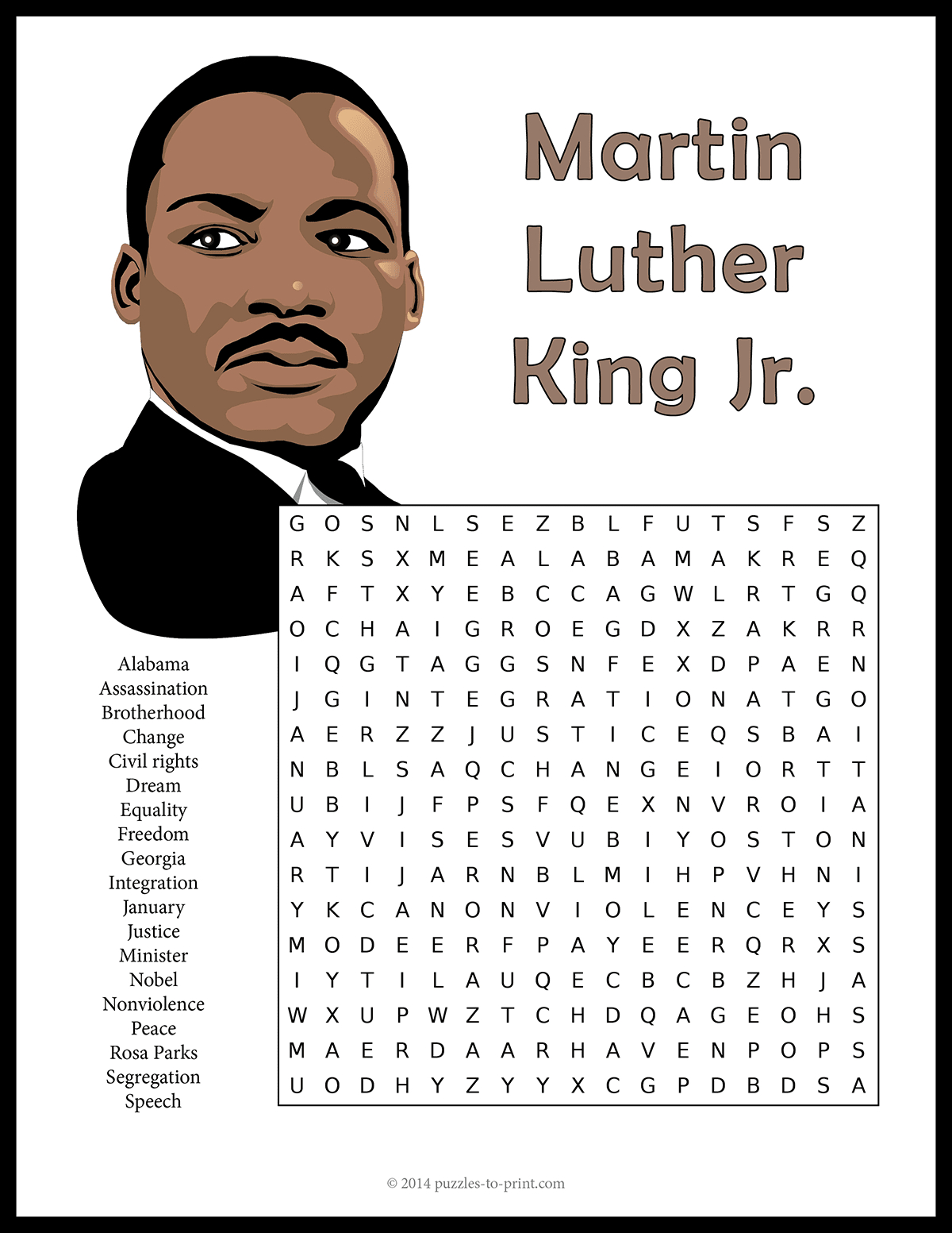 Free Printable Martin Luther King Jr. Word Search in Martin Luther King Word Search Free Printable