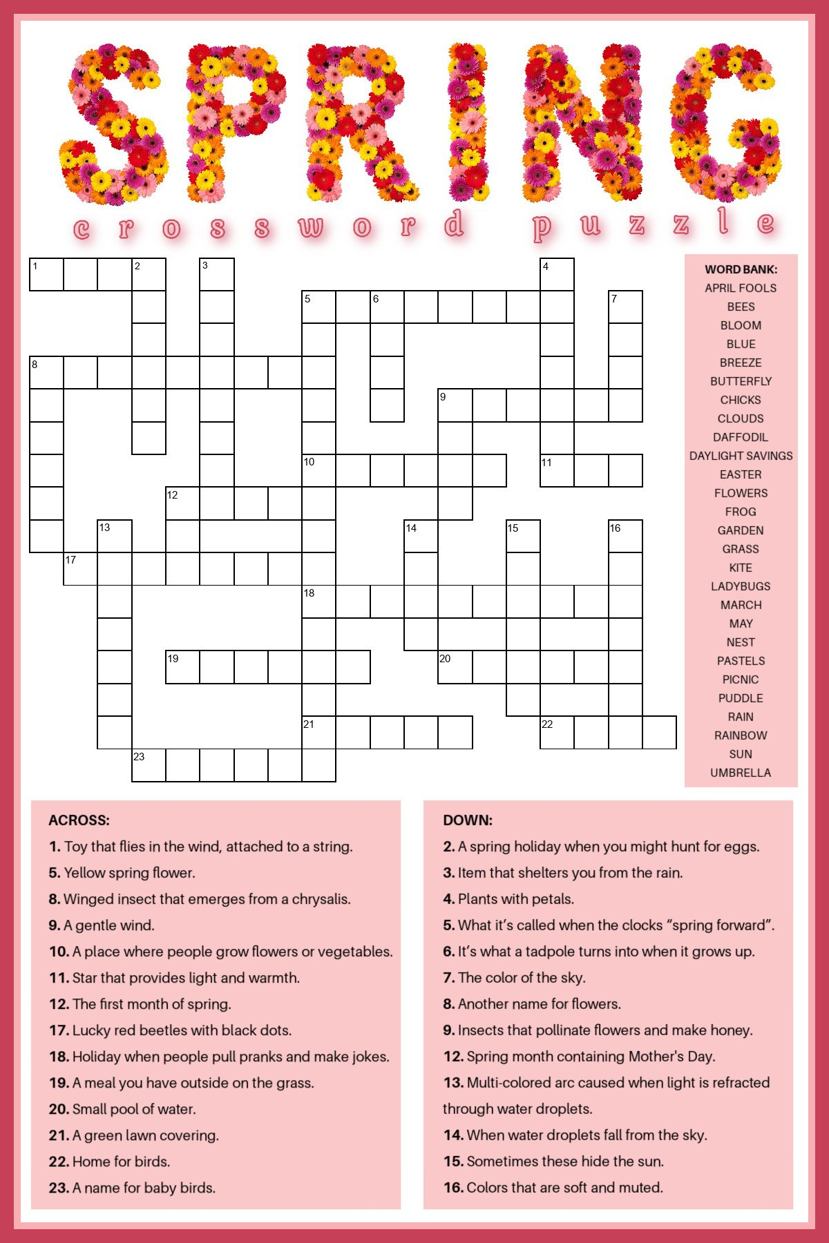 Free Spring Crossword Puzzle Printable - Answer Key Included with Crossword With Word Bank Printable