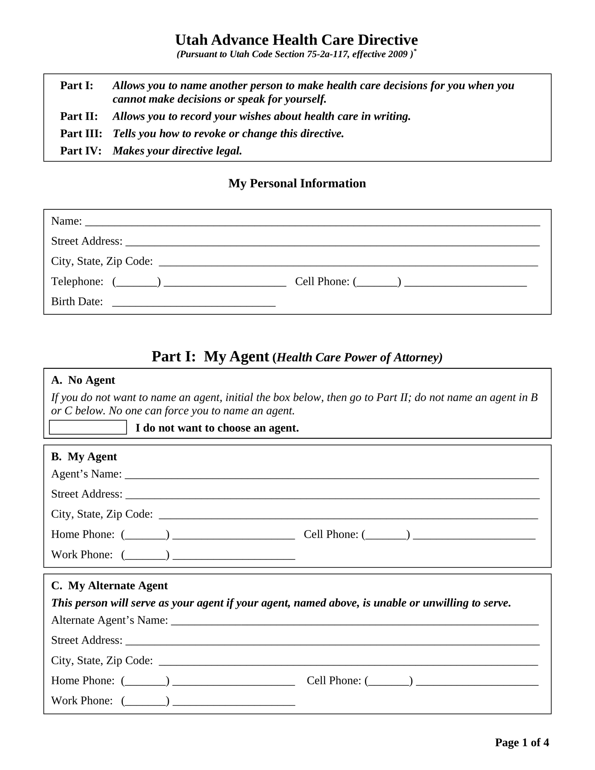 Free Utah Advance Directive Form Template - Pdf – Eforms in Free Printable Advance Directive Form