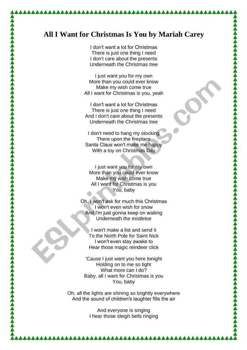 Gapped Songtext - All I Want For Christmasmariah Carey - Esl regarding Printable Lyrics For All I Want For Christmas Is You
