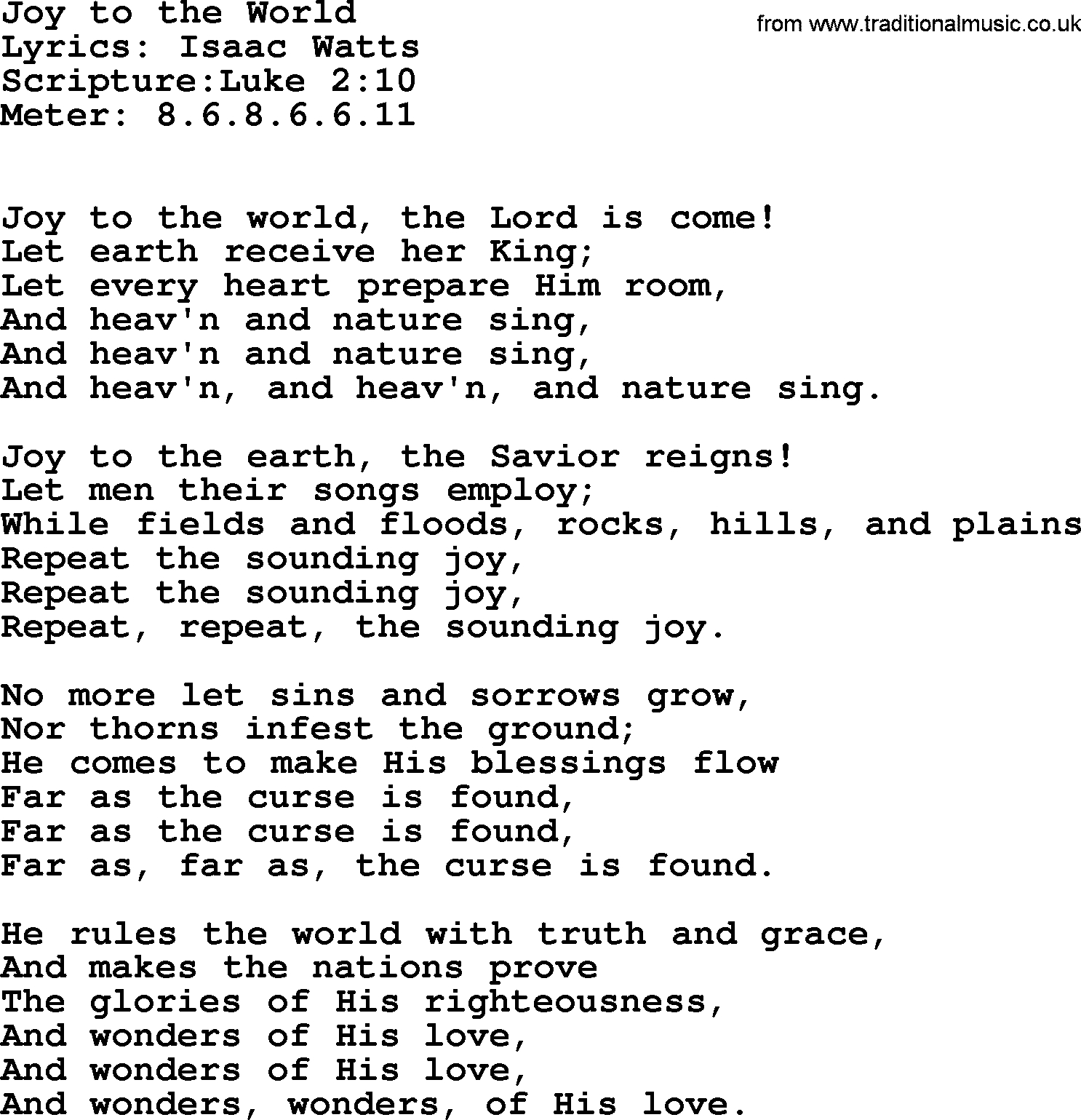 Good Old Hymns - Joy To The World - Lyrics, Sheetmusic, Midi, Mp3 throughout Printable Lyrics For Joy To The World