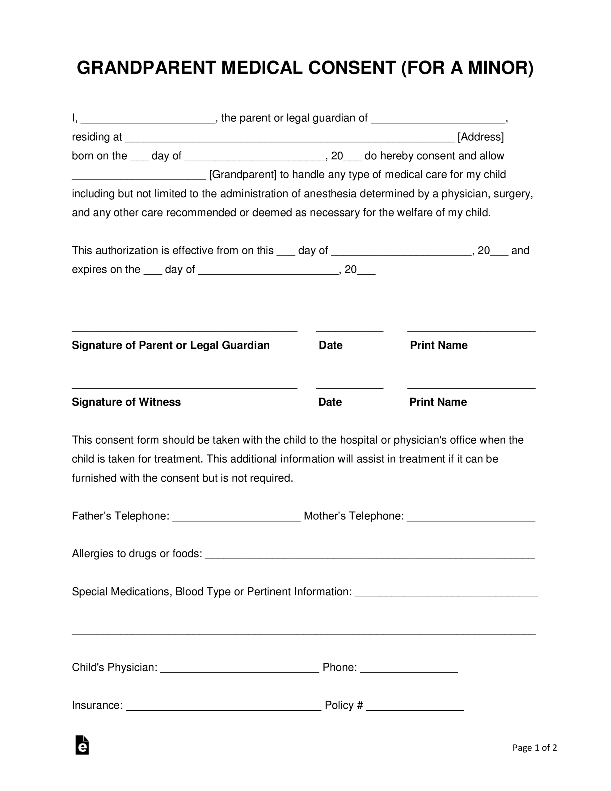 Grandparents' Medical Consent Form – Minor (Child) – Eforms inside Free Printable Child Medical Consent Form For Grandparents