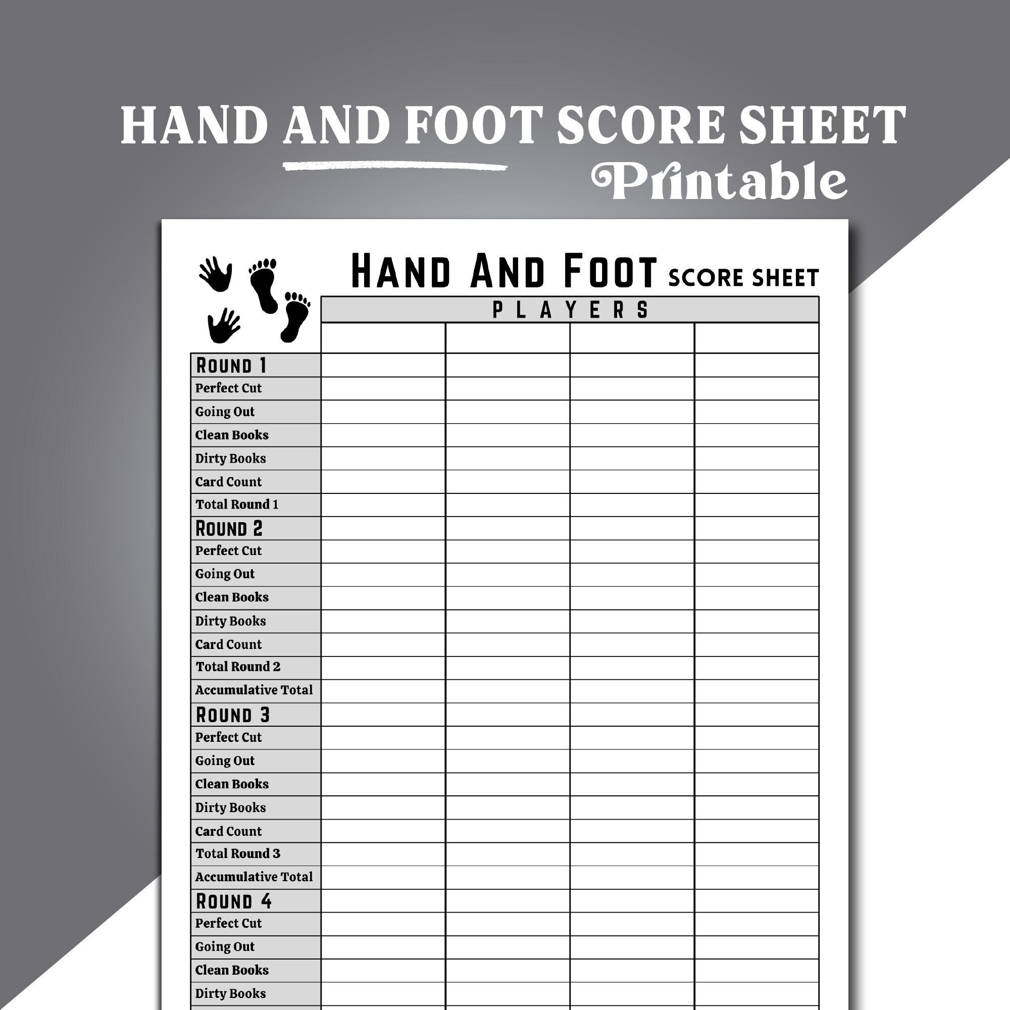 Hand And Foot Score Sheets, Hand And Foot Card Game Score Sheets with regard to Pdf Printable Hand Knee And Foot Card Game Score Sheet