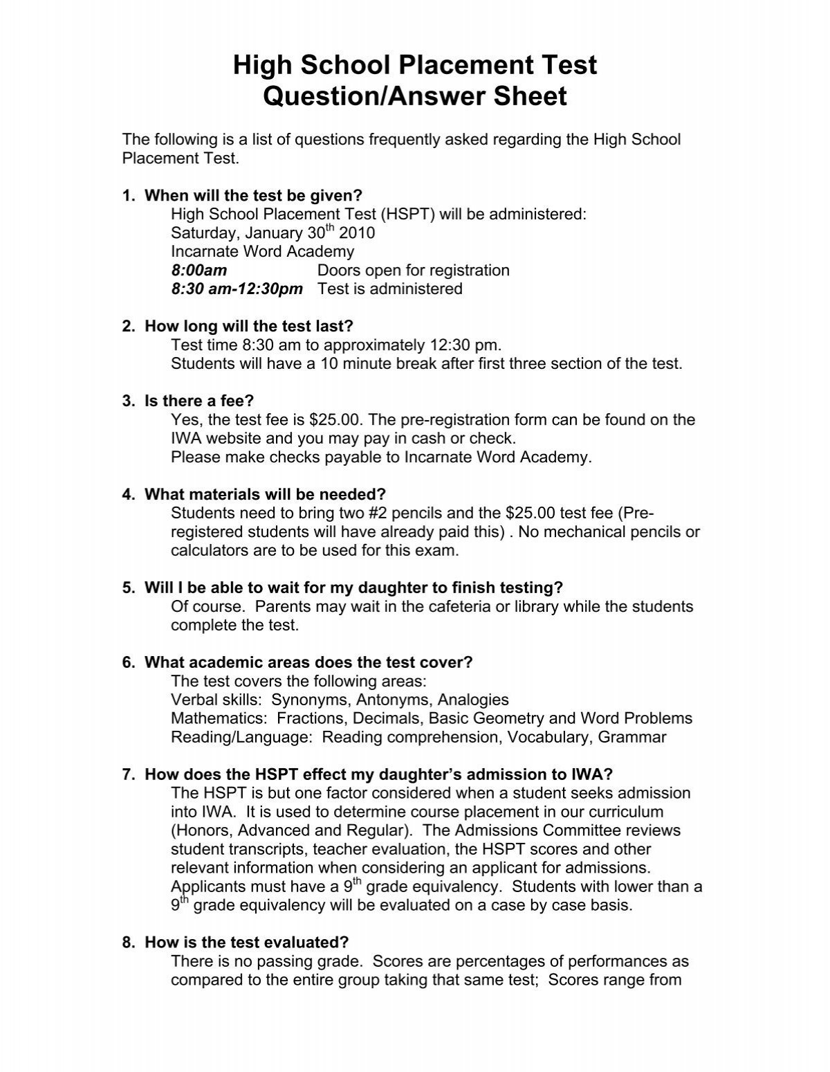 High School Placement Test Question/Answer Sheet intended for Free Printable High School Placement Test